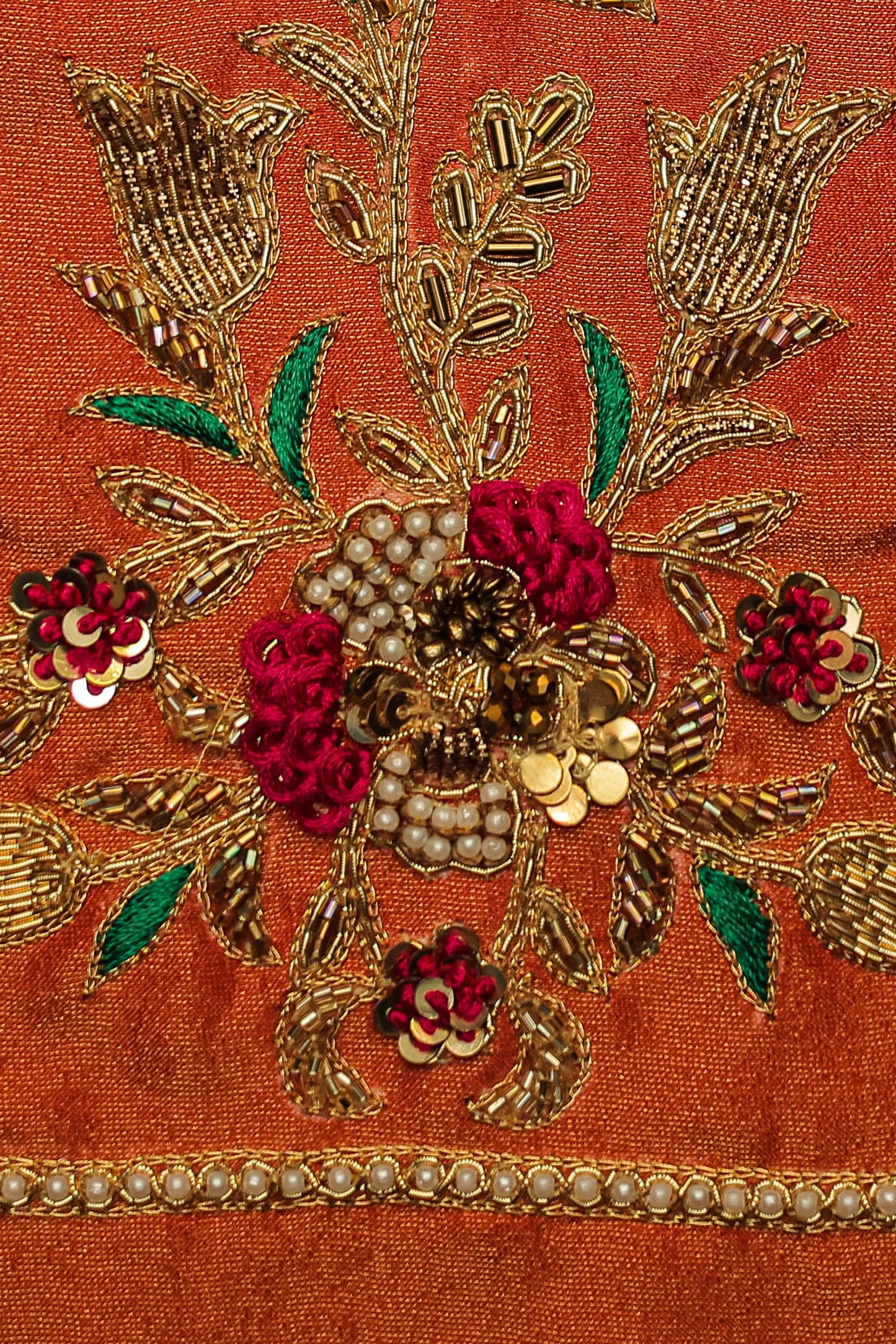 Intricate Pearl & Zari Work Hand-Embroidered Unstitched Blouse with Round-Neck