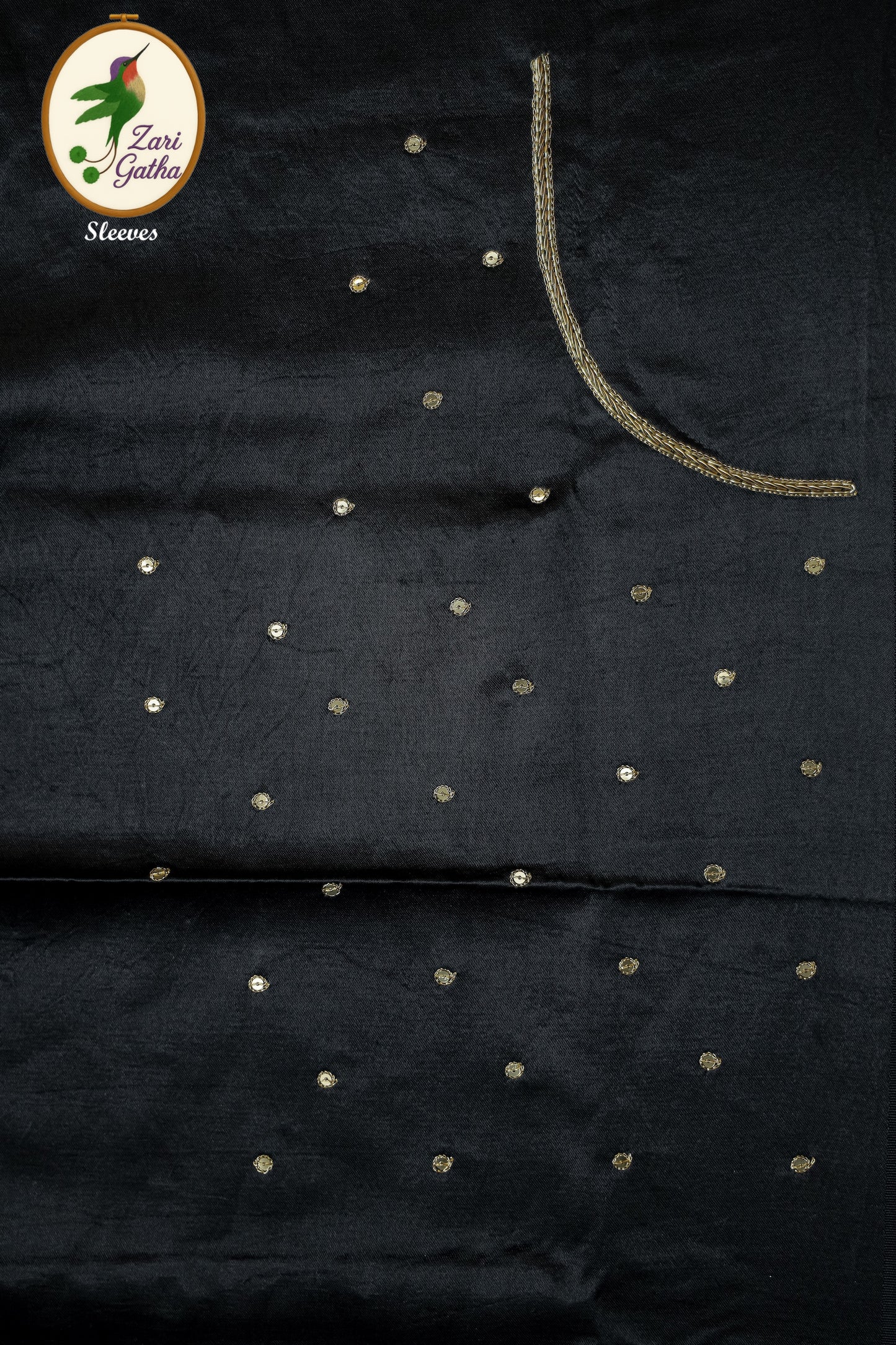 Black & Gold Pita Lattice Unstitched Blouse with 3D Floral Appliqué Round Deep Pan Neck