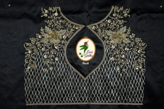 Black & Gold Pita Lattice Unstitched Blouse with 3D Floral Appliqué Round Deep Pan Neck