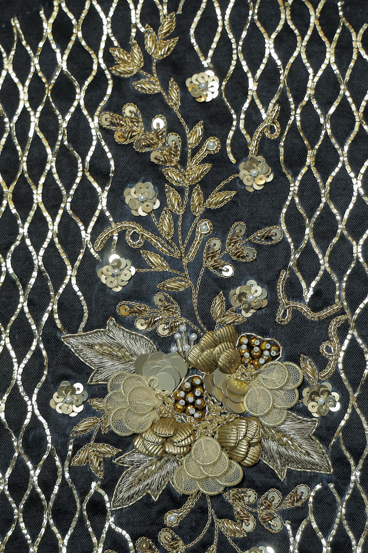 Black & Gold Pita Lattice Unstitched Blouse with 3D Floral Appliqué Round Deep Pan Neck