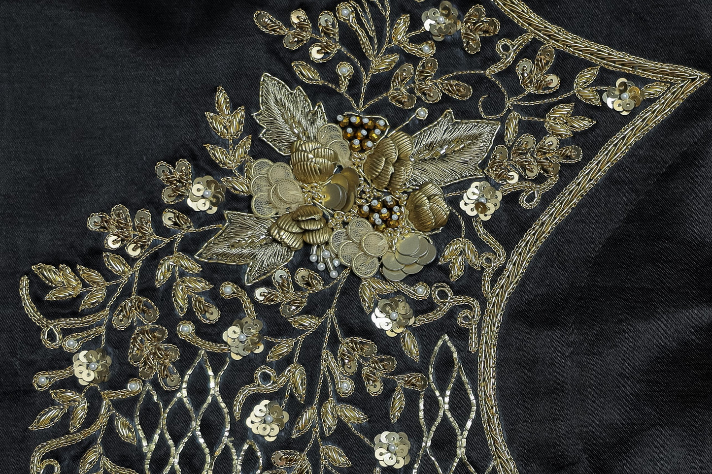 Black & Gold Pita Lattice Unstitched Blouse with 3D Floral Appliqué Round Deep Pan Neck