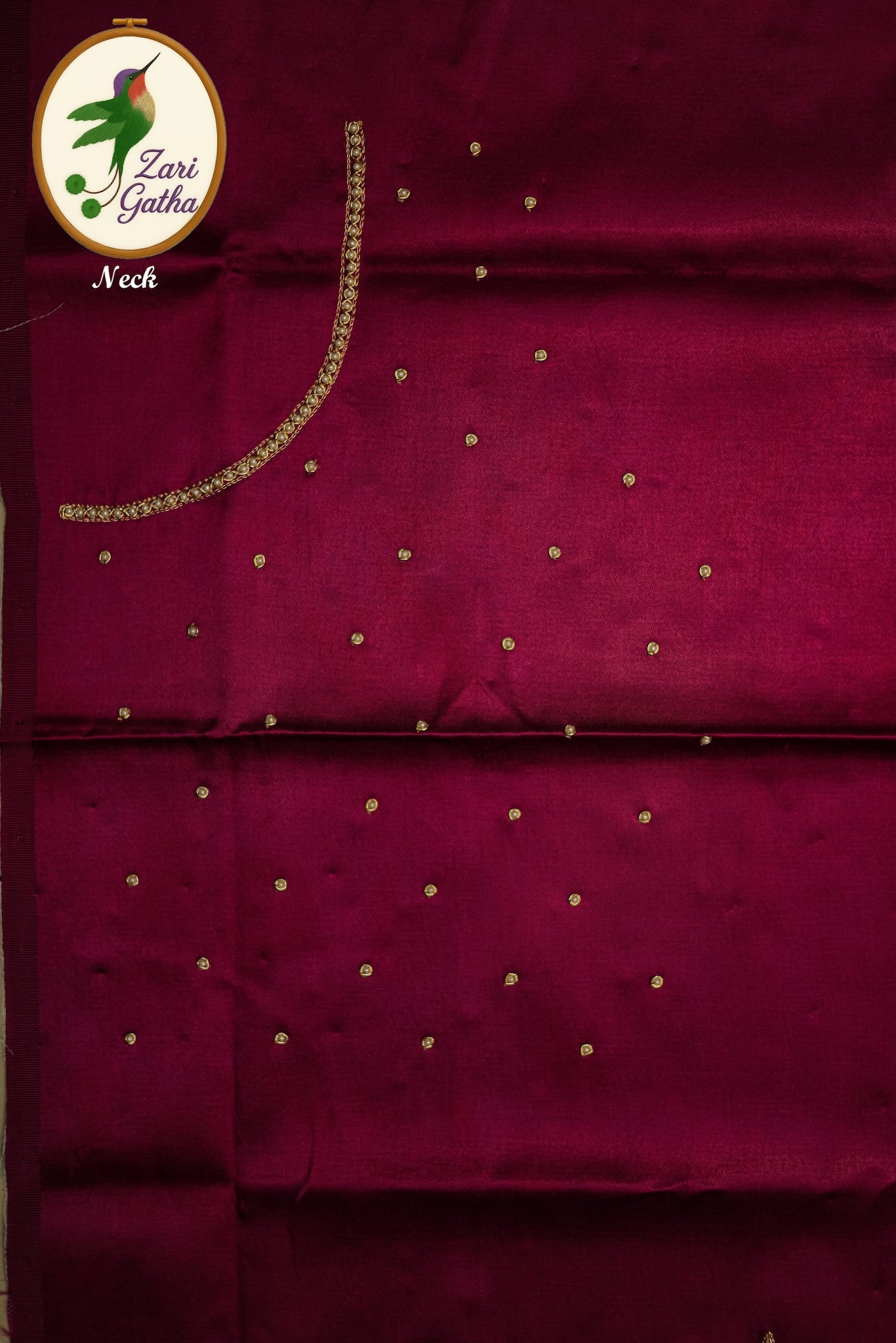 Intricate Pearl & Zari Work Hand-Embroidered Unstitched Blouse with Round-Neck