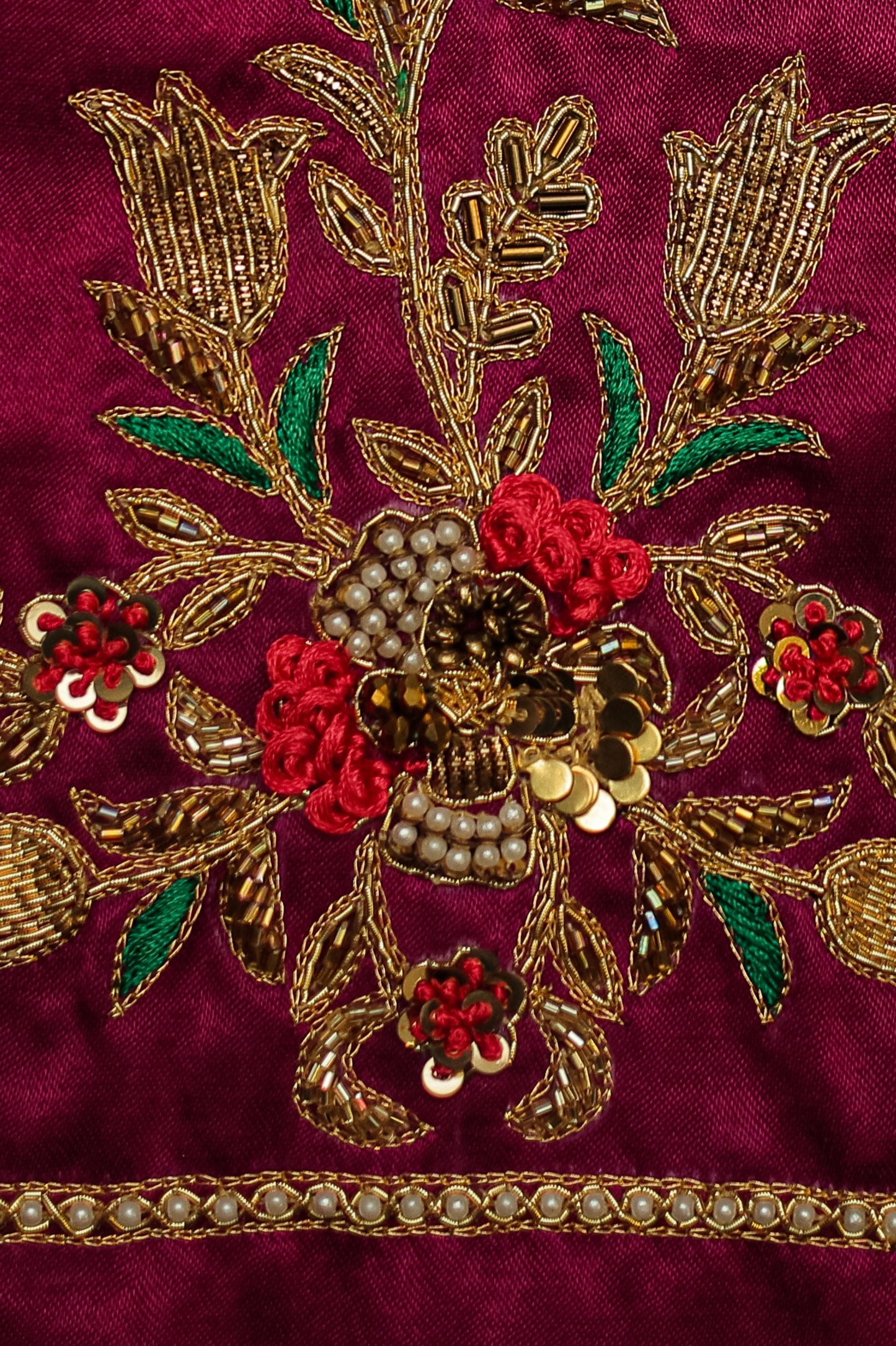 Intricate Pearl & Zari Work Hand-Embroidered Unstitched Blouse with Round-Neck