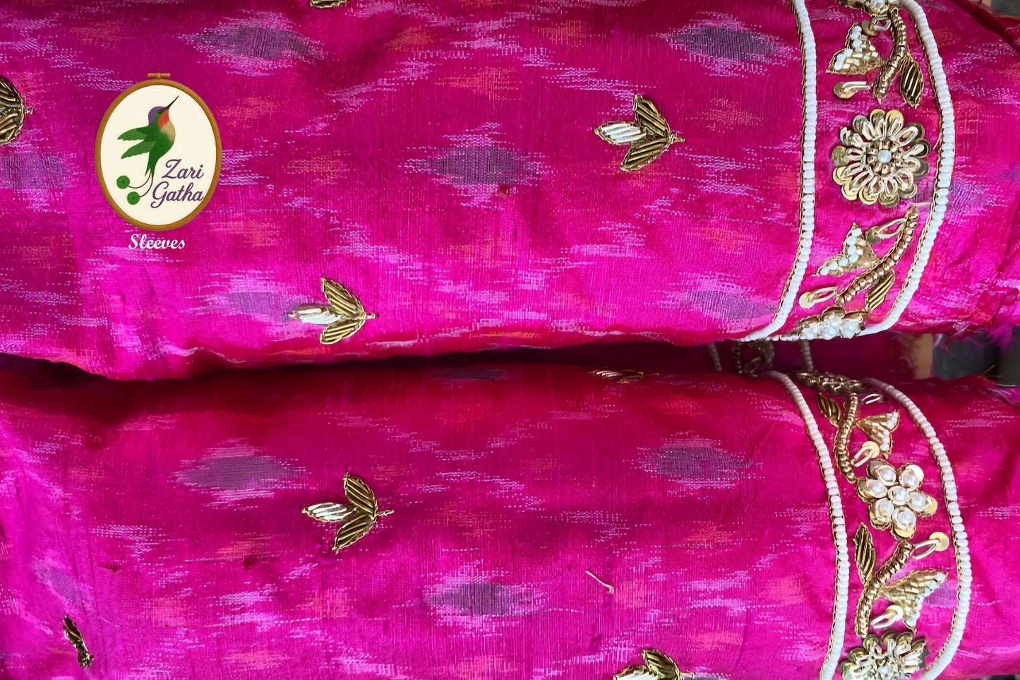 Pink Ikat Unstitched Blouse with Hand-Embroidered Trim with Round Neck