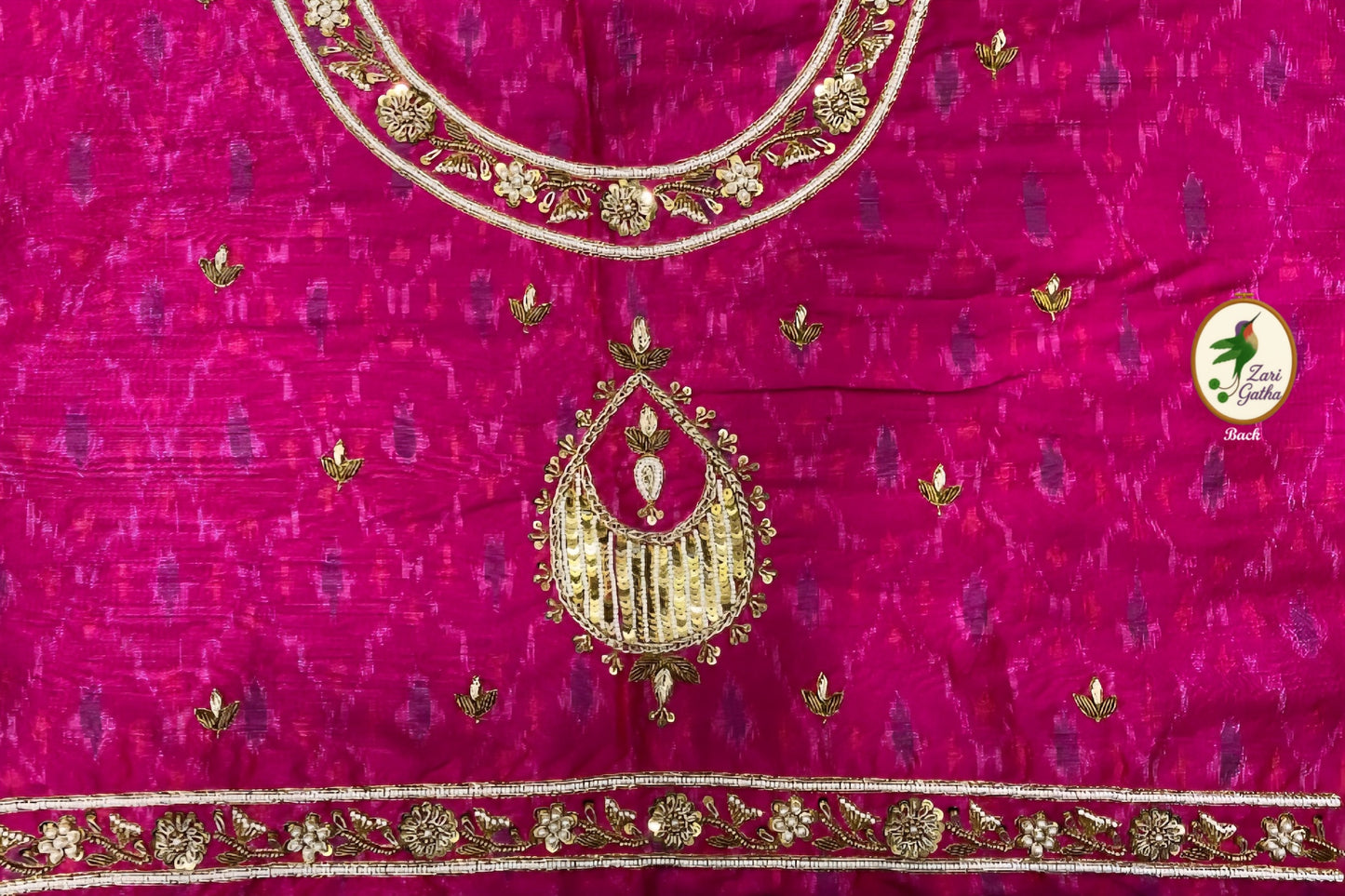 Pink Ikat Unstitched Blouse with Hand-Embroidered Trim with Round Neck