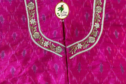 Pink Ikat Unstitched Blouse with Hand-Embroidered Trim with Round Neck