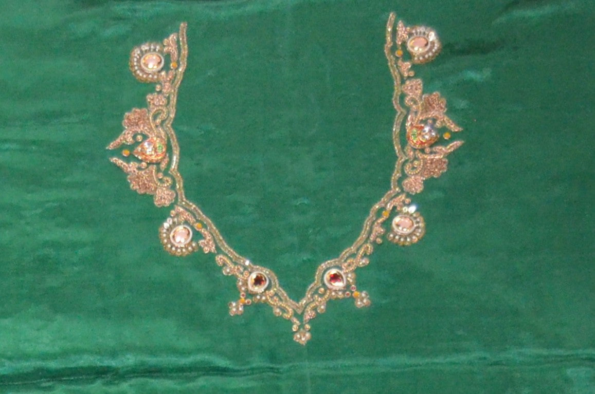 Green Enchant Gaji Silk Unstitched Blouse with Sweetheart Neck
