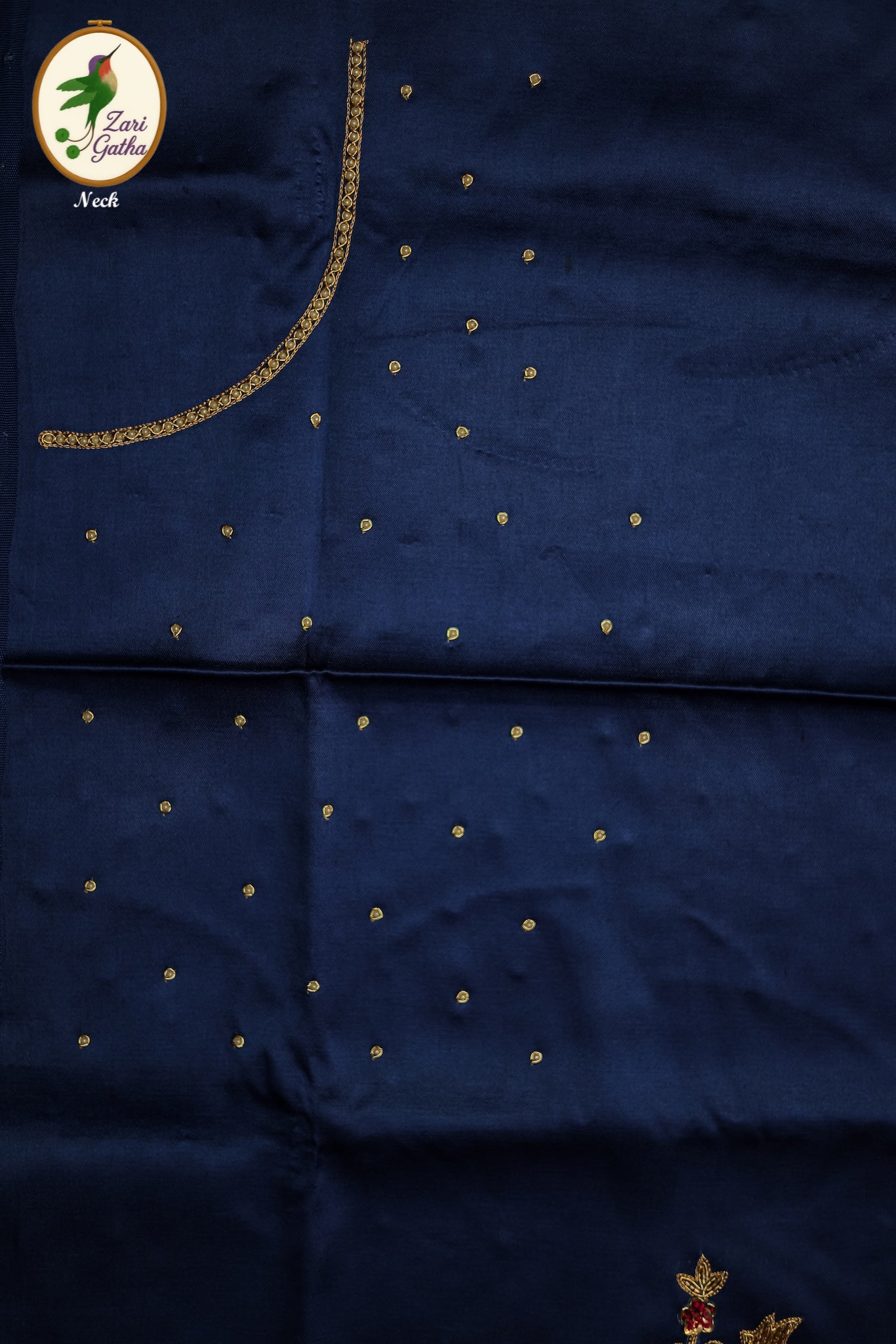 Intricate Pearl & Zari Work Hand-Embroidered Unstitched Blouse with Round-Neck