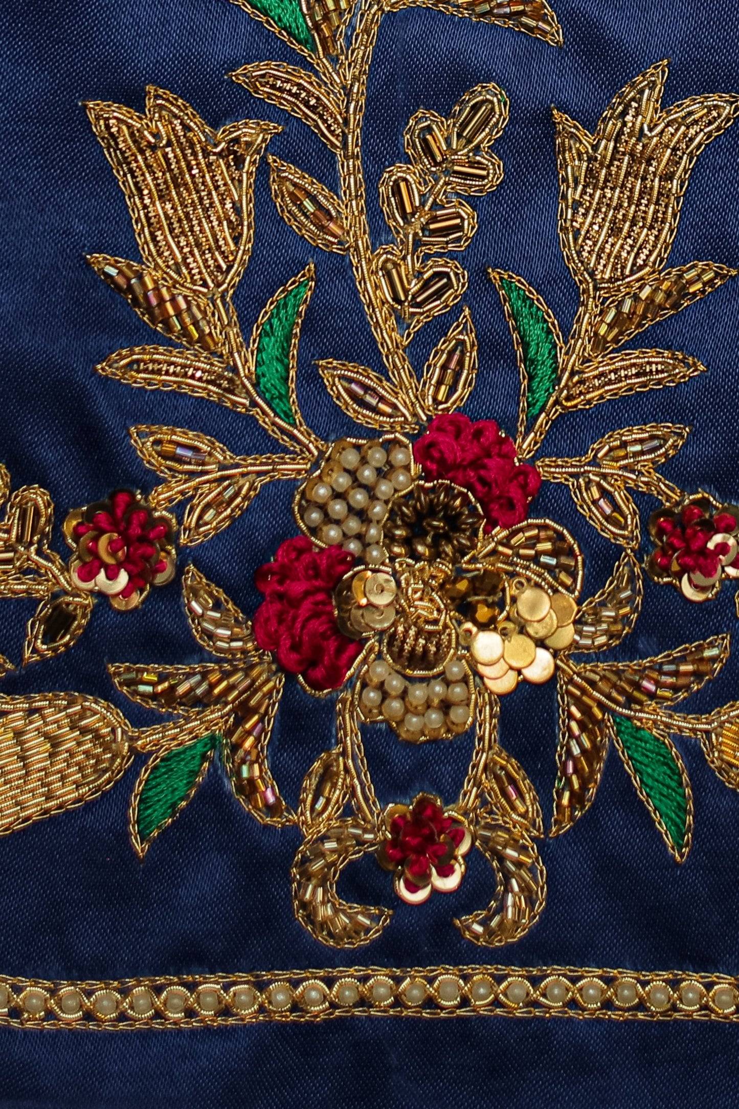 Intricate Pearl & Zari Work Hand-Embroidered Unstitched Blouse with Round-Neck