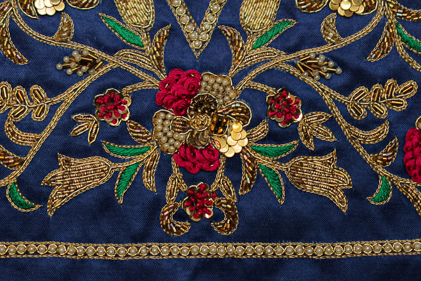 Intricate Pearl & Zari Work Hand-Embroidered Unstitched Blouse with Round-Neck