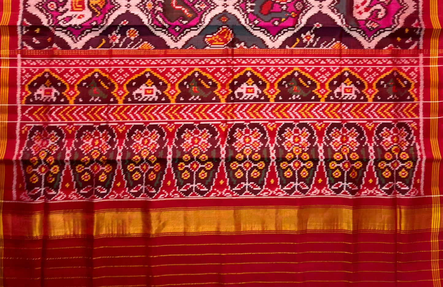Crimson Elephant & Floral Patola Saree