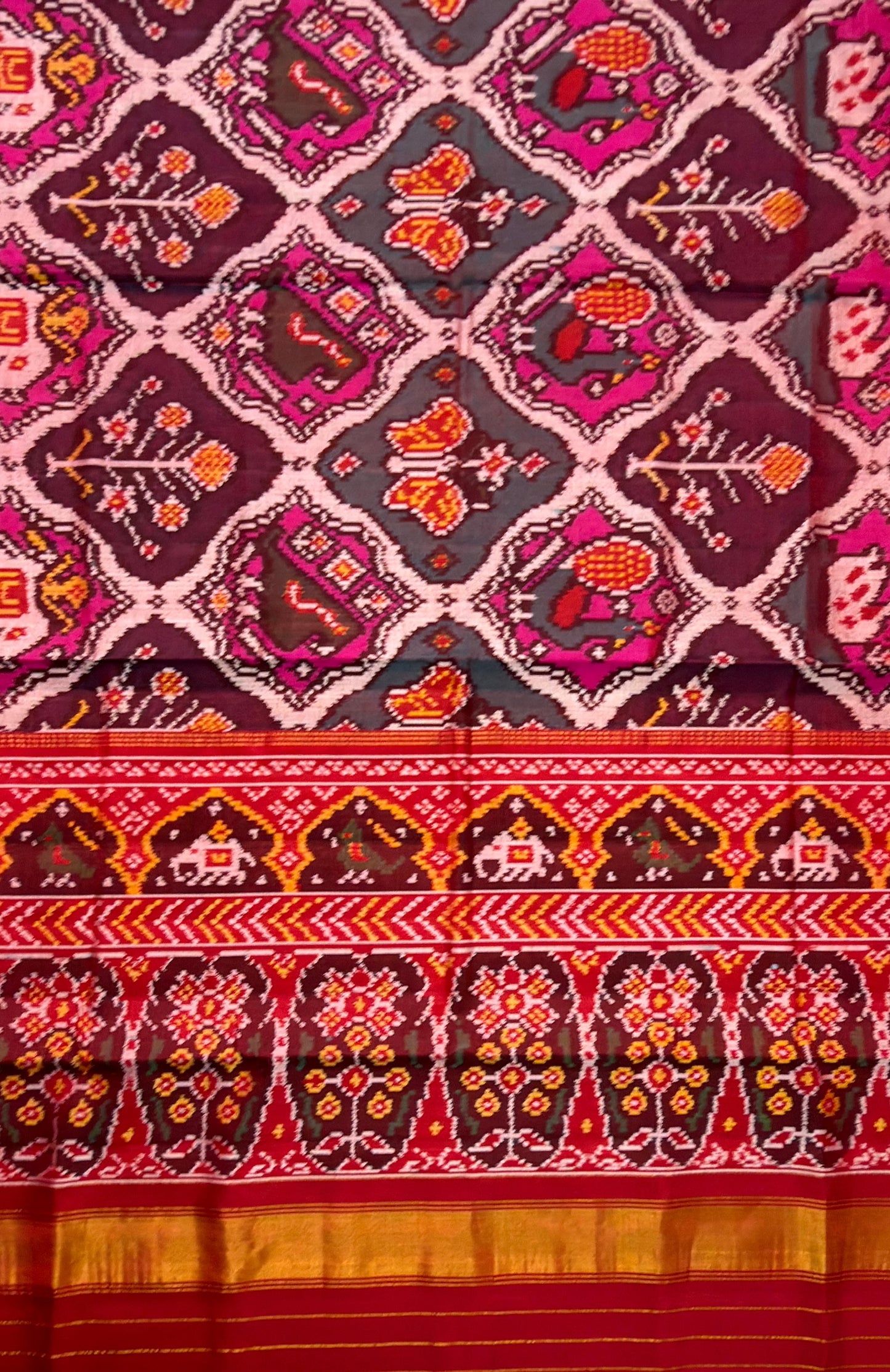 Crimson Elephant & Floral Patola Saree