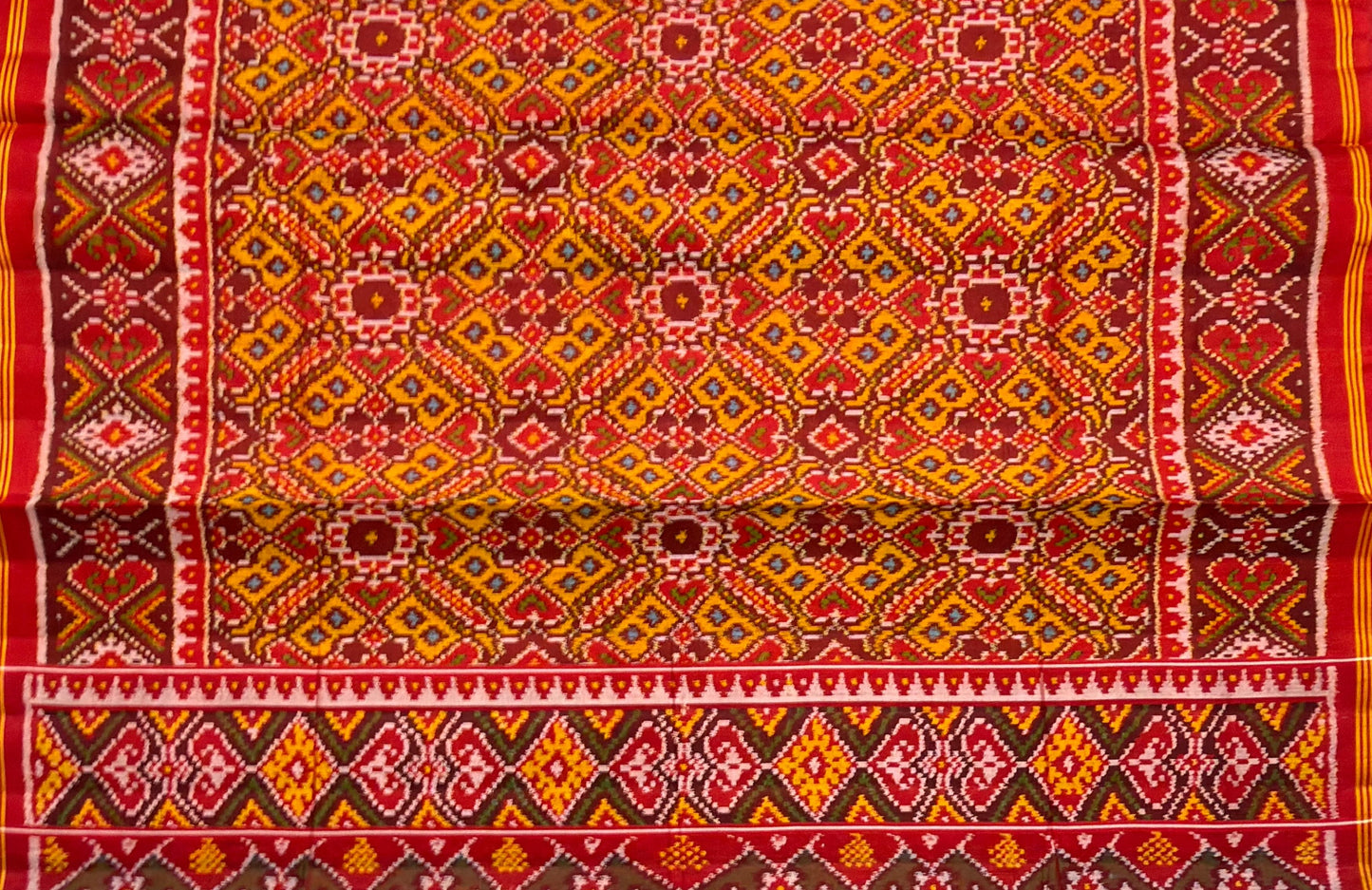 Crimson Red & Mustard Pure Handwoven Patola Ratan Chokdi Saree