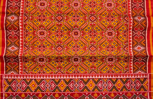 Crimson Red & Mustard Pure Handwoven Patola Ratan Chokdi Saree