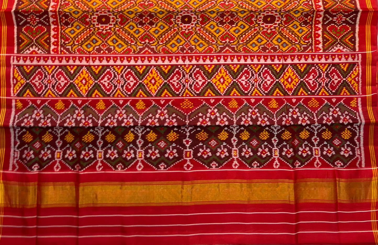 Crimson Red & Mustard Pure Handwoven Patola Ratan Chokdi Saree