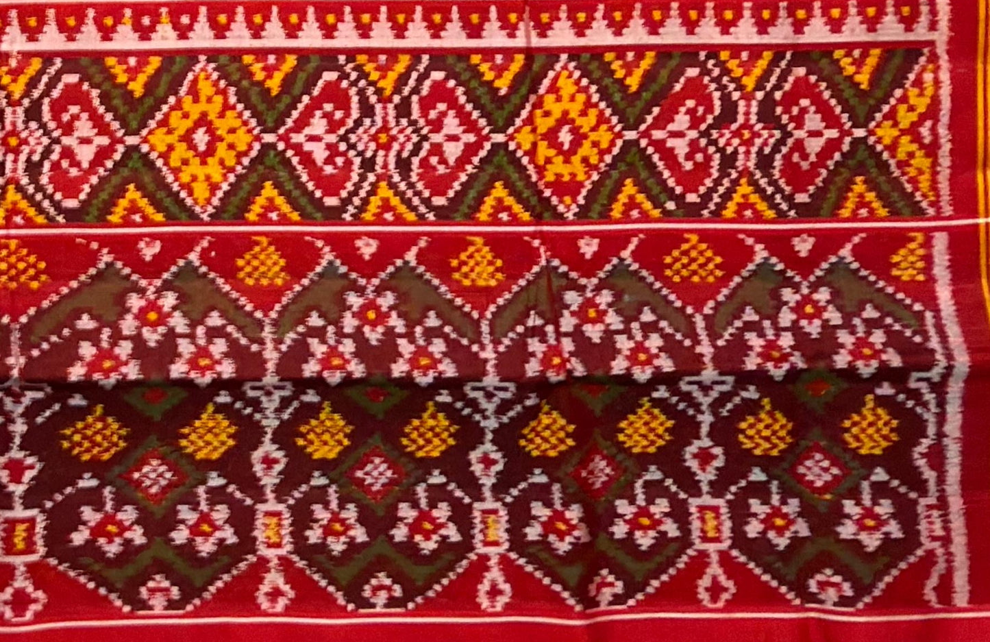 Crimson Red & Mustard Pure Handwoven Patola Ratan Chokdi Saree