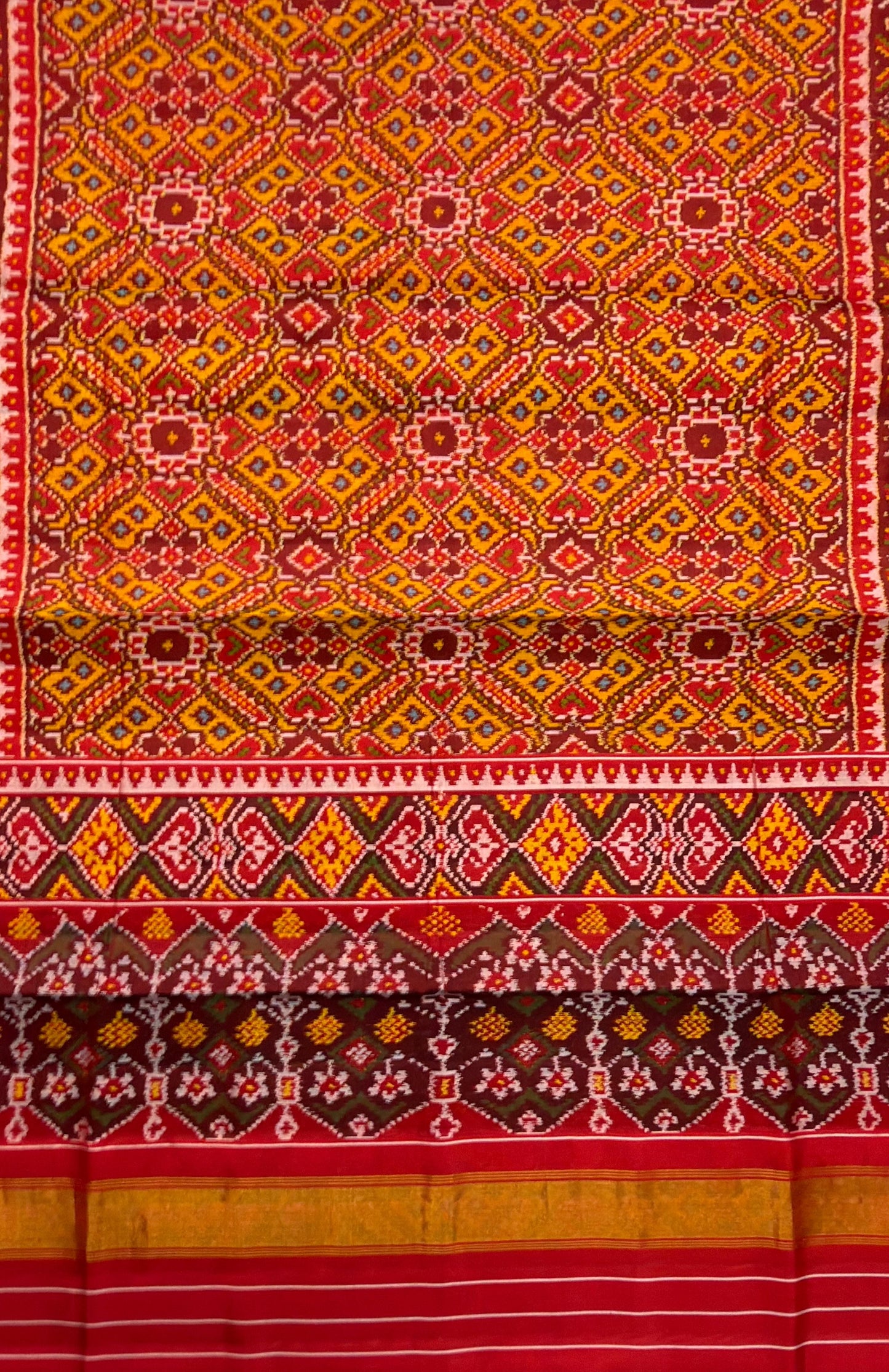 Crimson Red & Mustard Pure Handwoven Patola Ratan Chokdi Saree
