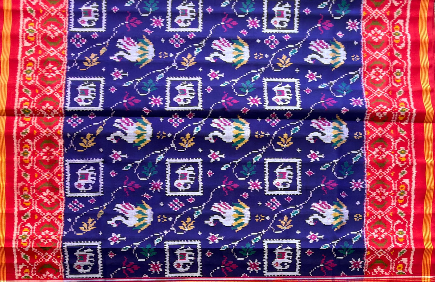 Navy Blue & Crimson Narikunj Elephant Floral Patola Saree