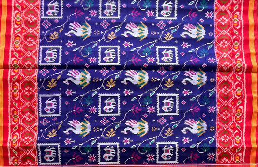 Navy Blue & Crimson Narikunj Elephant Floral Patola Saree