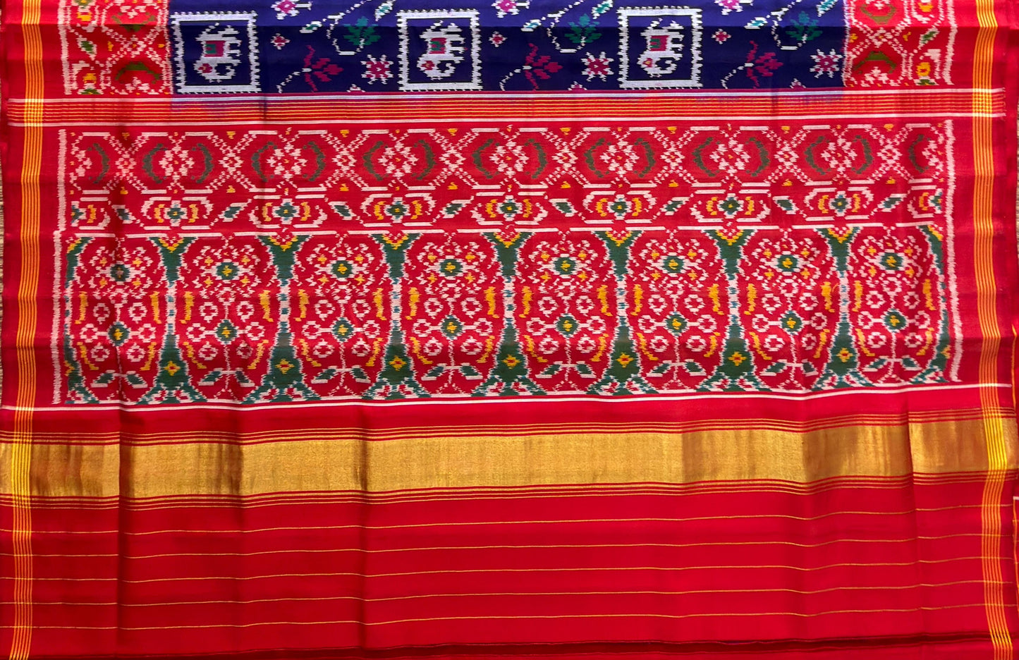 Navy Blue & Crimson Narikunj Elephant Floral Patola Saree