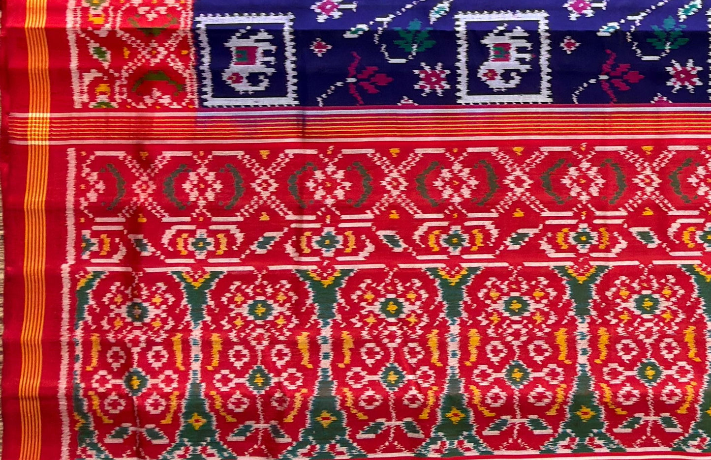 Navy Blue & Crimson Narikunj Elephant Floral Patola Saree