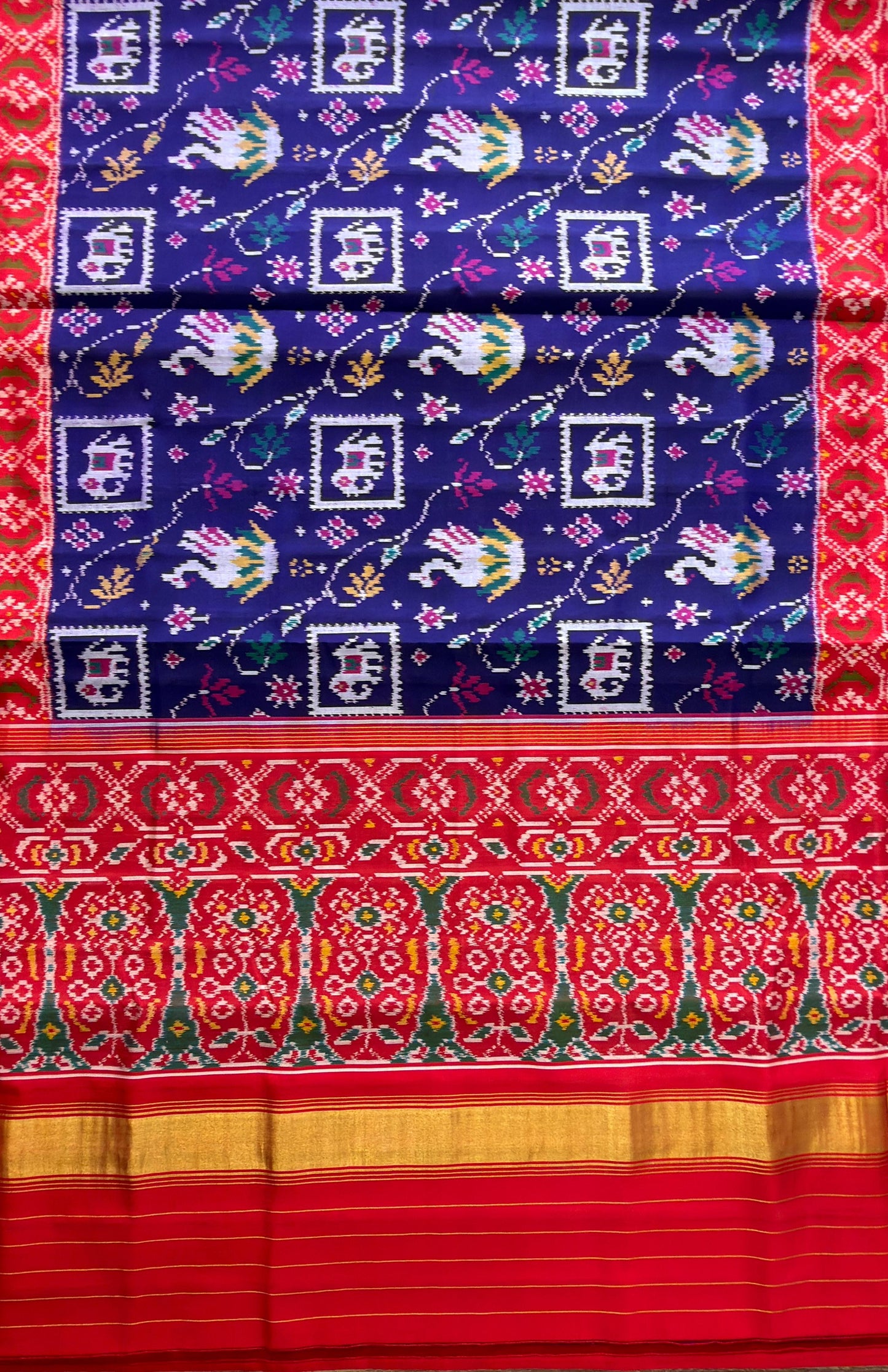 Navy Blue & Crimson Narikunj Elephant Floral Patola Saree