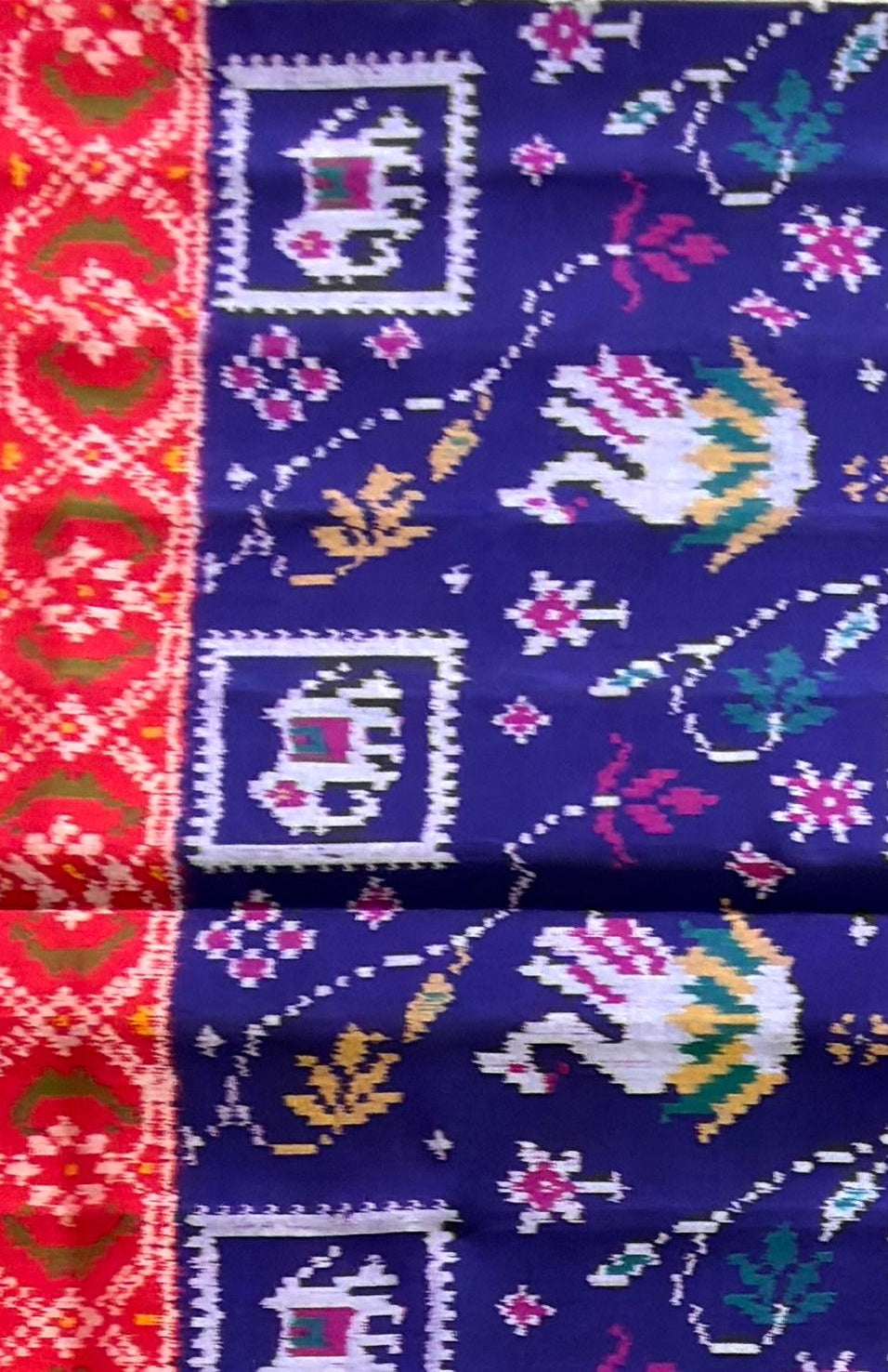Navy Blue & Crimson Narikunj Elephant Floral Patola Saree
