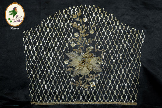 Black & Gold Pita Lattice Unstitched Blouse with 3D Floral Appliqué Round Deep Pan Neck