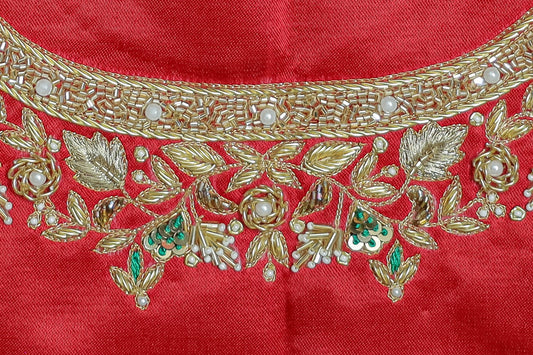 Exquisite Silk Unstitched Blouse with Embroidered Motifs U-neckline