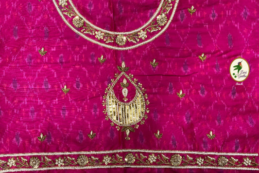 Pink Ikat Unstitched Blouse with Hand-Embroidered Trim with Round Neck
