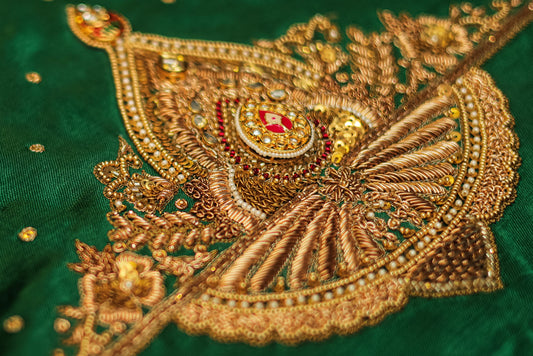 Green Enchant Gaji Silk Unstitched Blouse with Sweetheart Neck