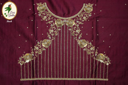 Royal Silk Unstitched Blouse with Front Pleats and Embroidery with U-Neck