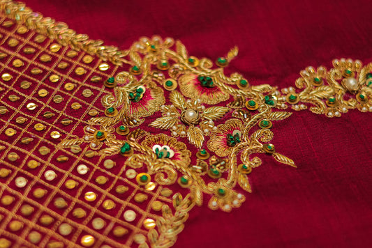 Festive Floral Embroidered Silk Unstitched Blouse with U Neck